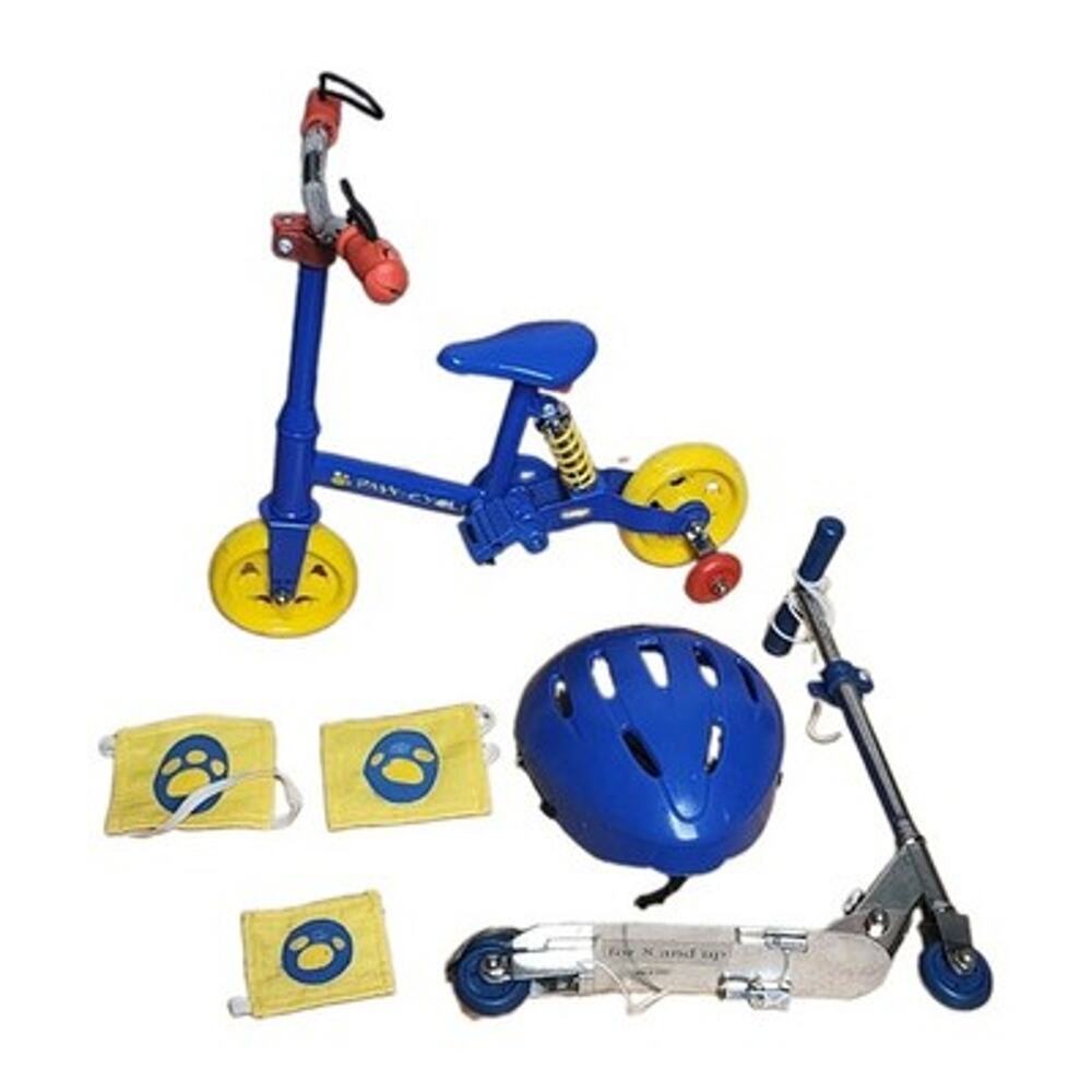 Build A Bear Workshop Blue Paw-Cycle Bike w/ Training Wheels Scooter Helmet Pads